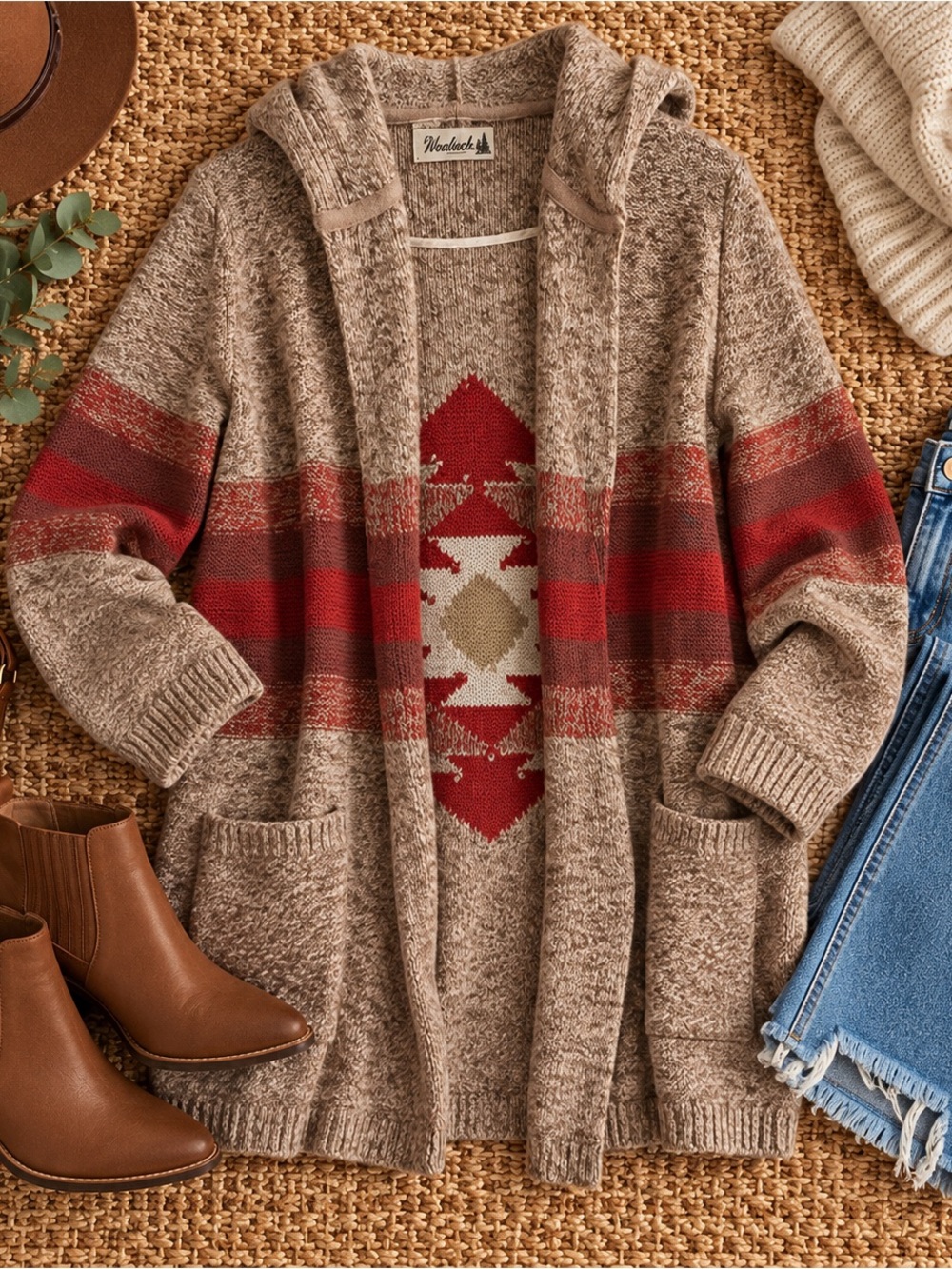 Woolrich Hooded Open-Front Cardigan Sweater in Beige with Red Tribal Pattern